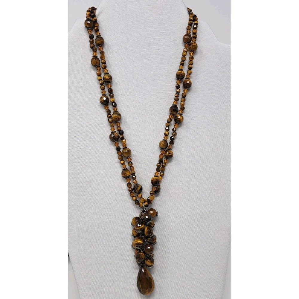 Sterling 925 Faceted Tiger’s Eye Double Strand Necklace 18” w/ 3” Drop Pendant